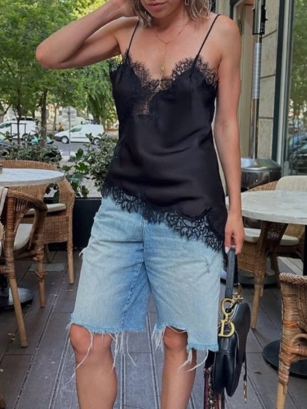 Lace Trim Cami Tank Top - Black - Picture 2 of 6